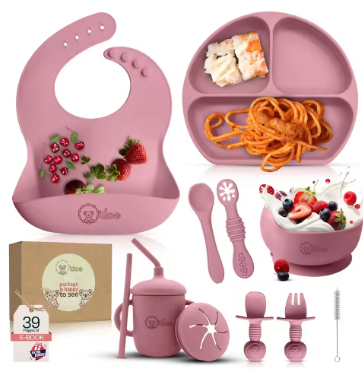 6-8-Pcs Baby Silicone Tableware Set Food-Grade Suction Bowl Plate for Toddler Feeding, Non-Toxic Complementary Food Training Kit