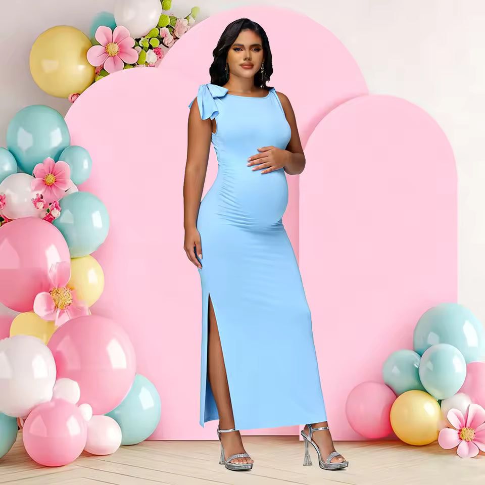 Maternity Tie Twisted Sleeveless Dress Sexy Slim Evening Party Gown for Pregnant Women Baby Shower Photoshoot Solid Color